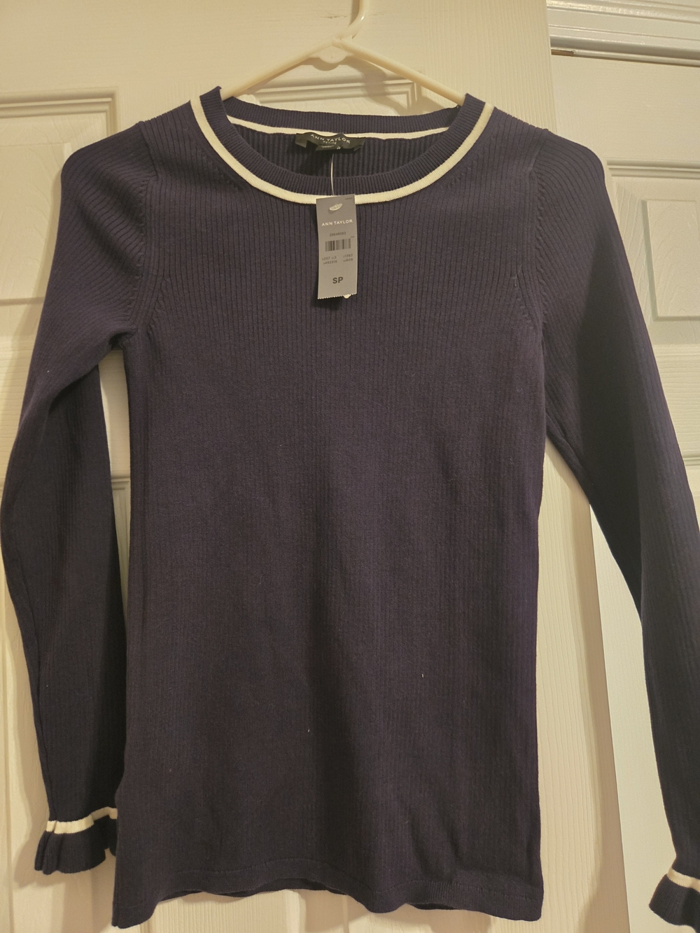 Ann Taylor Charming Navy Long-Sleeve Ribbed Top with White Trim